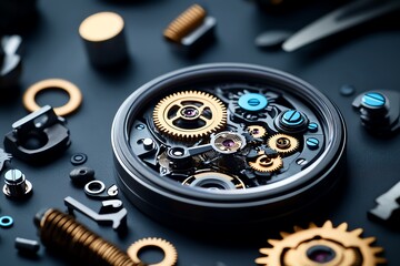 Poster - Hyper-realistic close-up of a disassembled mechanical watch, with intricate gears and springs laid out for reverse engineering, showing every fine detail