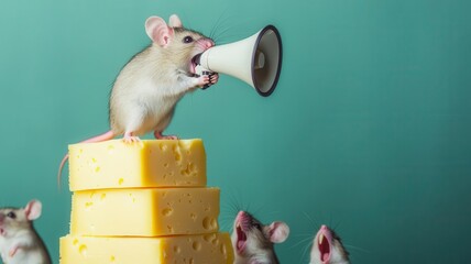 A mouse standing on a stack of cheese, holding a megaphone and squeaking orders to other mice   mouse, megaphone, squeaky call