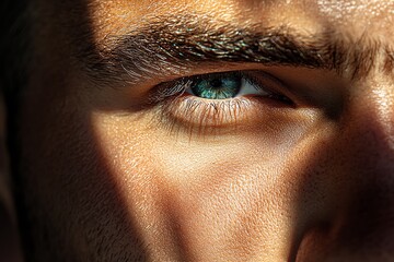 Aufkleber - Hyper-realistic close-up of a face, split down the middle with one half in bright light and the other in deep shadow, symbolizing the duality of self