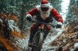 © Vesna - santa claus mountain biking on extreme trail comical contrast of jolly character tackling challenging terrain