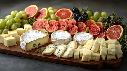 A beautifully arranged cheese platter with fruits and herbs.