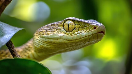 Wall Mural - Close-up of a Green Snake's Head in Nature