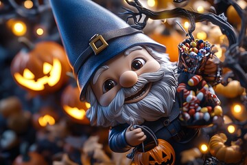 Poster - Hyper-realistic close-up of a gnomeâ€™s face, smiling while holding a trick-or-treat bag, with detailed reflections of glowing pumpkins and candy wrappers in the background