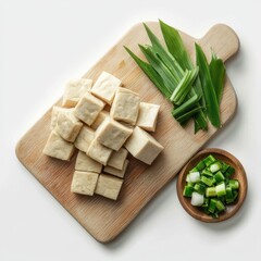 ultra realistic photo of ketupat and tofu beside without sauce shot with natural tone on the wooden cutting board, white background, top view