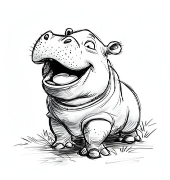 cute baby pygmy hippo laughing, a simple ink drawing on a white background