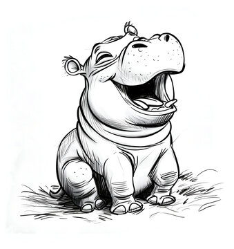cute baby pygmy hippo laughing, a simple ink drawing on a white background