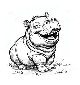 cute baby pygmy hippo laughing, a simple ink drawing on a white background
