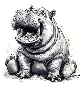 cute baby pygmy hippo laughing, a simple ink drawing on a white background