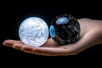 Aufkleber - Hyper-realistic close-up of a personâ€™s hand holding two orbs, one glowing white and the other black, symbolizing the balance of light and darkness in dualism