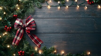 Wall Mural - festive holiday wreath with plaid bow and fairy lights