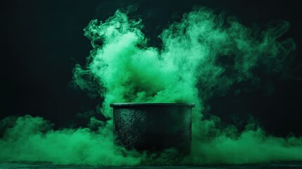 A mystical cauldron emitting vibrant green smoke on a dark background.