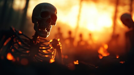 Canvas Print - Skeleton in a dramatic sunset, with glowing background and eerie atmosphere.