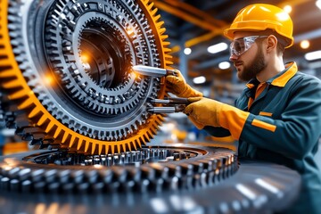 Poster - Hyper-realistic depiction of an engineer using precision tools to reverse engineer a complex mechanical part, with detailed textures of metal and tools