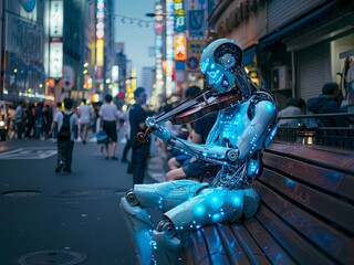 Ai-Generated image of A robot is sitting on a bench playing a violin. The robot is blue and has a metallic look. The scene is set in a city with people walking around. Scene is futuristic and somewhat