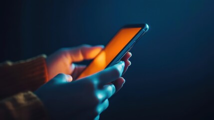 Close-up of hands using a smartphone in low light