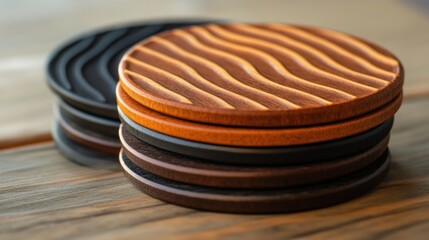 Wall Mural - Stack of Wooden Coasters with Wave Pattern