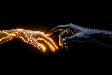 Aufkleber - Hyper-realistic image of two hands, one glowing with light and the other dark and shadowed, reaching towards each other but not quite touching, representing dualism