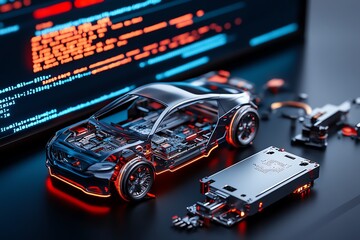 Fototapete - Minimalist abstract of a computer screen with code and a disassembled electronic device, capturing the essence of reverse engineering in software and hardware