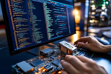 Fototapete - Minimalist abstract of a computer screen with code and a disassembled electronic device, capturing the essence of reverse engineering in software and hardware