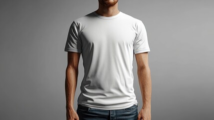 Model wearing a plain white t-shirt against a neutral background.