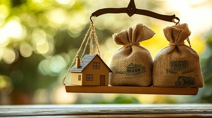 A Miniature House Balanced on a Scale with Two Burlap Sacks