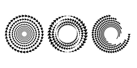 Wall Mural - Set of black triangles in vortex form. Geometric art. Halftone dots. Trendy design element for logo, tattoo, sign, symbol, web, prints, posters, social media, template, pattern and abstract background