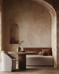 A minimalist living room with a round wooden table, two chairs, and a couch against a textured wall with an arched doorway.