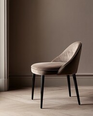 A single, beige velvet chair with black legs sits on a wooden floor in a minimalist setting.