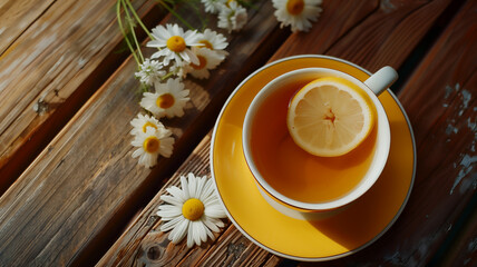  Cup of tea with lemon slice and chamomile on wooden table