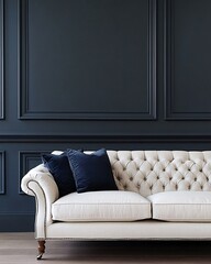 A white tufted sofa with two blue pillows sits in front of a dark blue wall with ornate molding.