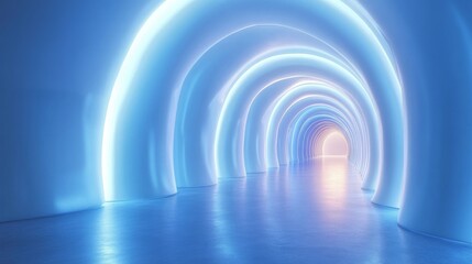 Abstract Blue and White Curved Tunnel with Glowing Lights