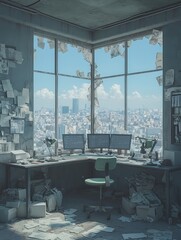 Poster - A dusty office that vividly illustrates the company's closure, weaving a visual narrative of finality and the relentless passage of time