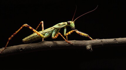 Green Mantis on a Branch Against a Black Background