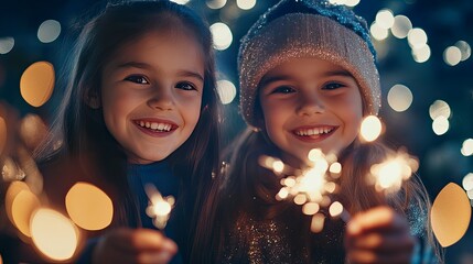 beautiful children holding sparklers, smiling brightly on a midnight blue background, with stars and Christmas lights twinkling around them.