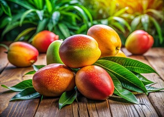 Wall Mural - Vibrant Mangoes on a Wooden Table Surrounded by Fresh Green Leaves and Natural Light Background