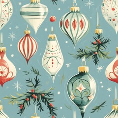 Festive Christmas Ornament Seamless Pattern   Blue Background  Holiday Decor  Winter Desig