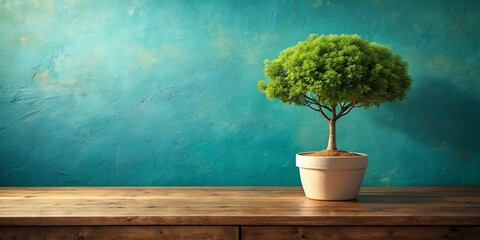 A potted tree with lush green foliage stands on a wooden tabletop against a backdrop of textured teal wall.