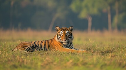 Canvas Print - Majestic Bengal Tiger Resting in a Lush Meadow