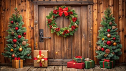 Wooden door adorned with Christmas wreath, gift boxes, and garland , Christmas, decoration, holiday, festive, door, wooden