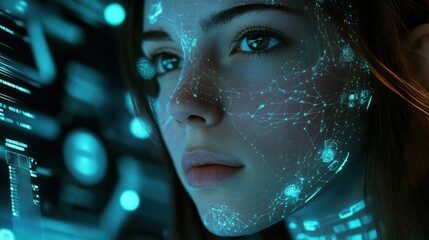 Poster - A futuristic digital portrait of a woman with a network of data visualizations on her face.