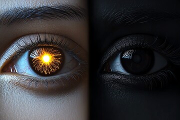 Aufkleber - Realistic depiction of two eyes, one glowing with light and the other dark and shadowed, symbolizing the duality of perception in dualism