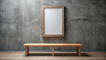 Rustic wooden bench against grey wall with blank poster frame, rustic, wooden, bench, grey, wall, blank, poster, frame