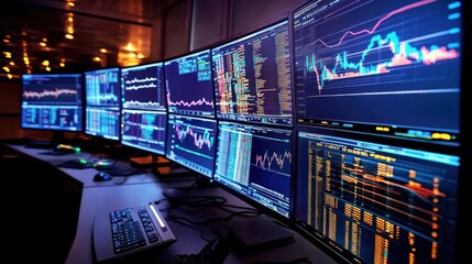 Poster - Multiple computer monitors displaying financial data and stock market trends.