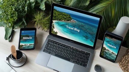Poster - Travel Booking App interface mockup in a horizontal layout on a curved monitor