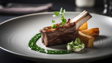 Grilled beef steak with parsley on a white plate. Restaurant