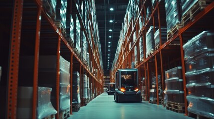 Poster - A view of an industrial warehouse with shelves and a robotic vehicle for inventory management.