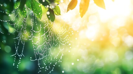 Dew drops on a spiderweb in a forest with a sun flare in the background.