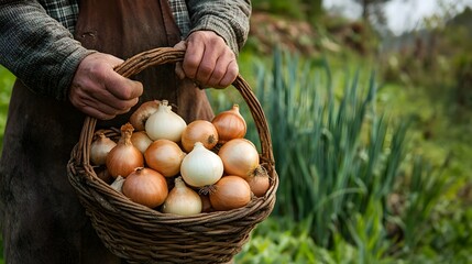 Farmer Holding Basket of Fresh Onions in Lush Vegetable Garden