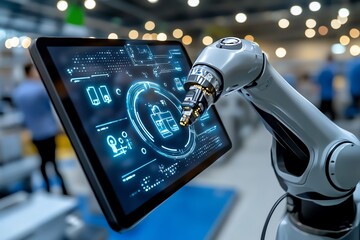 Aufkleber - Realistic image of a robotic arm in a factory, demonstrating tomorrowâ€™s solutions for manufacturing automation, with digital displays showing efficiency improvements, symbolizing the future