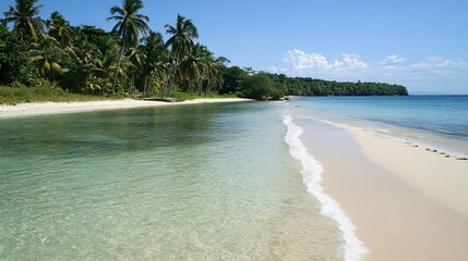 A pristine white sandy beach with clear turquoise water and palm trees in the background under a blue sky with white clouds.